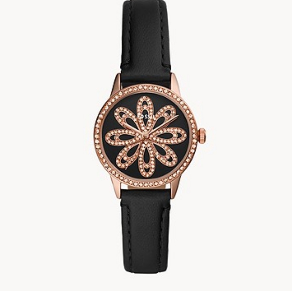 Vintage FOSSIL Dinah Three Hand Black Leather Watch